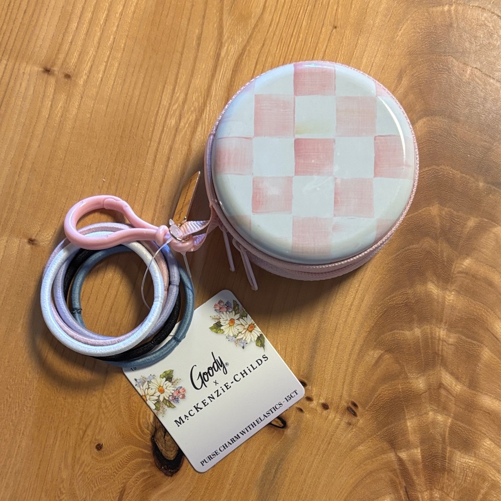 Goody x MacKenzie-Childs Pink and White Checkered Case with Hair Ties